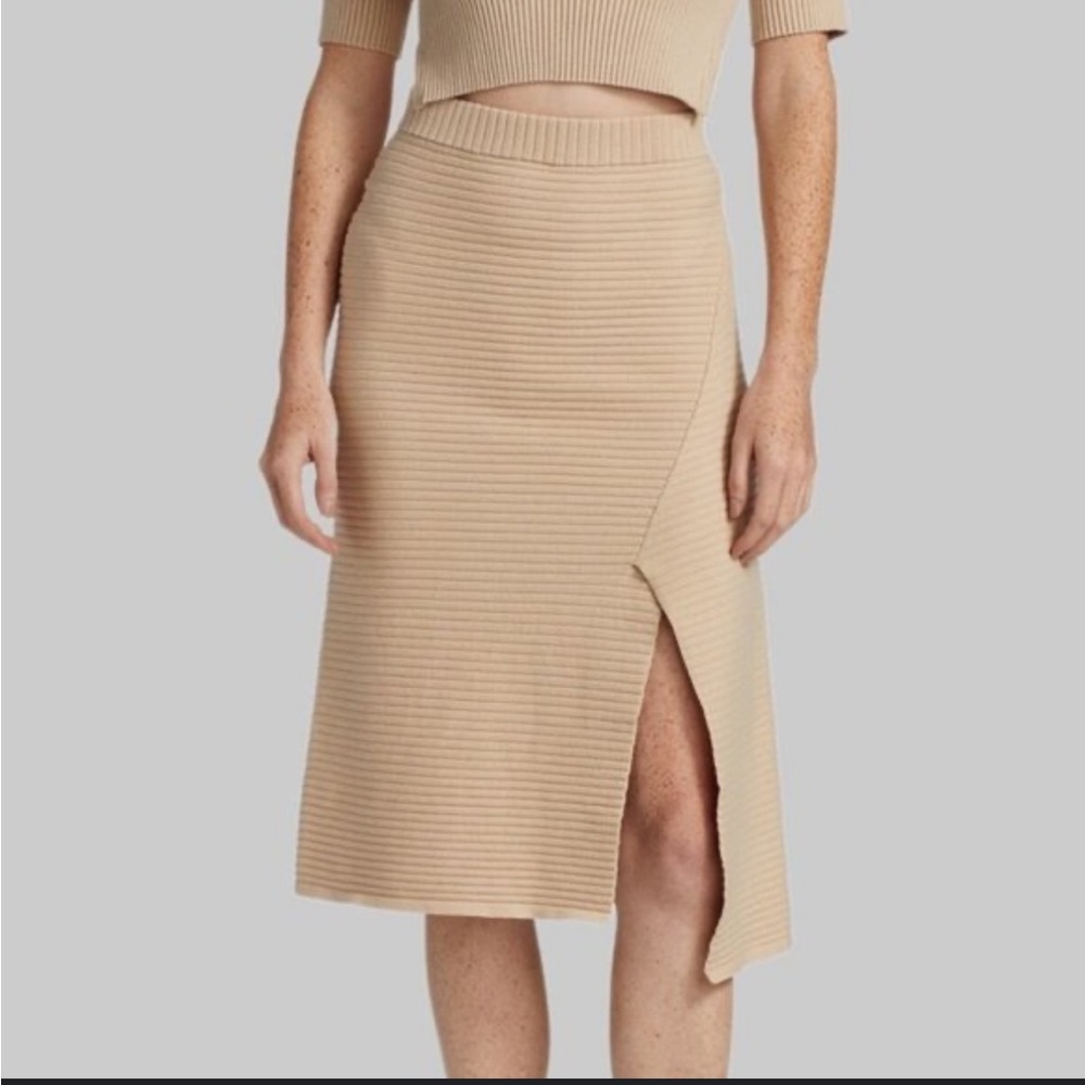 Naadam Asymmetrical Ribbed Knit Midi Skirt Tan‎ Large
